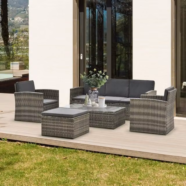 Outsunny 5 Piece Outdoor Seating Set with Storage in Grey Rattan and Deep Grey Cushions