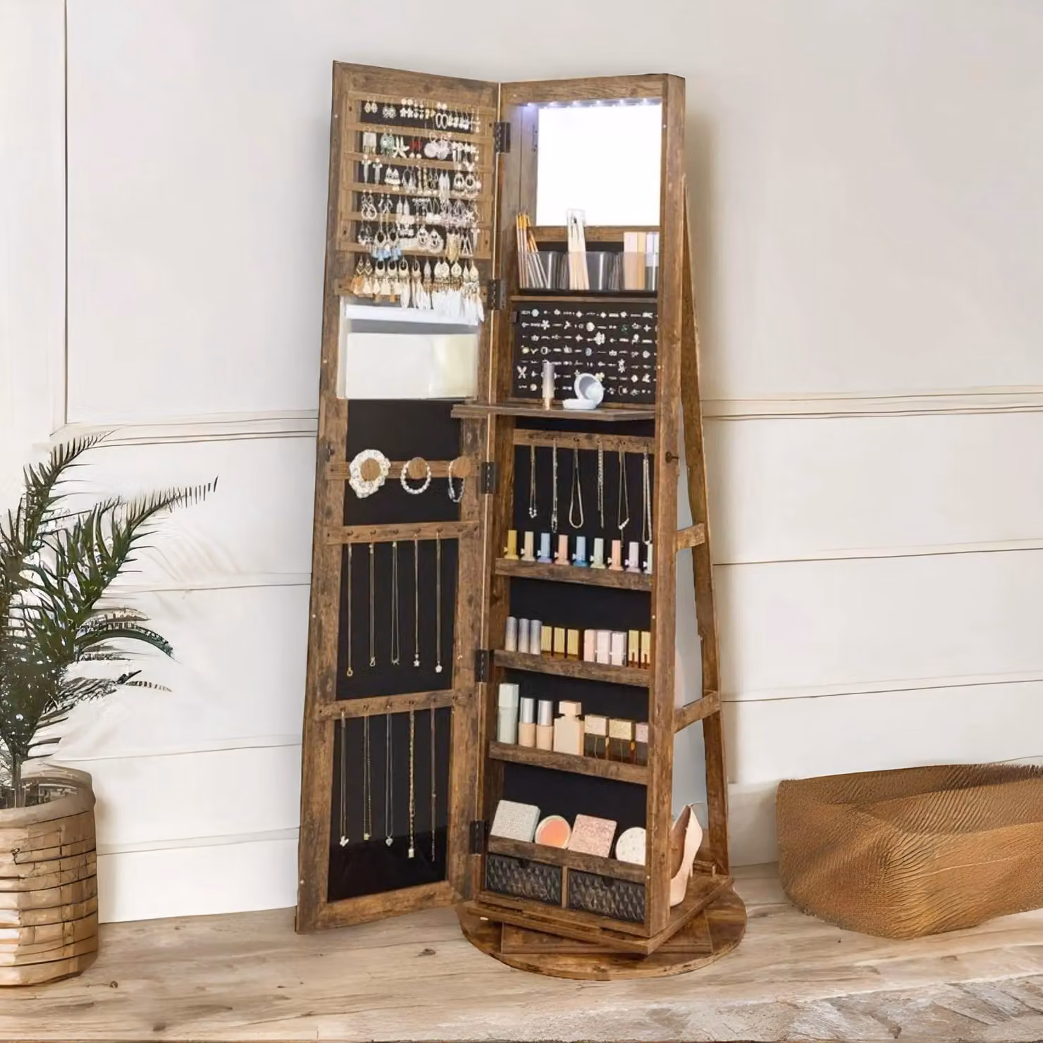 FURNOS Free Standing Jewellery Cabinet with Mirror and LED Lighting in Brown – 2