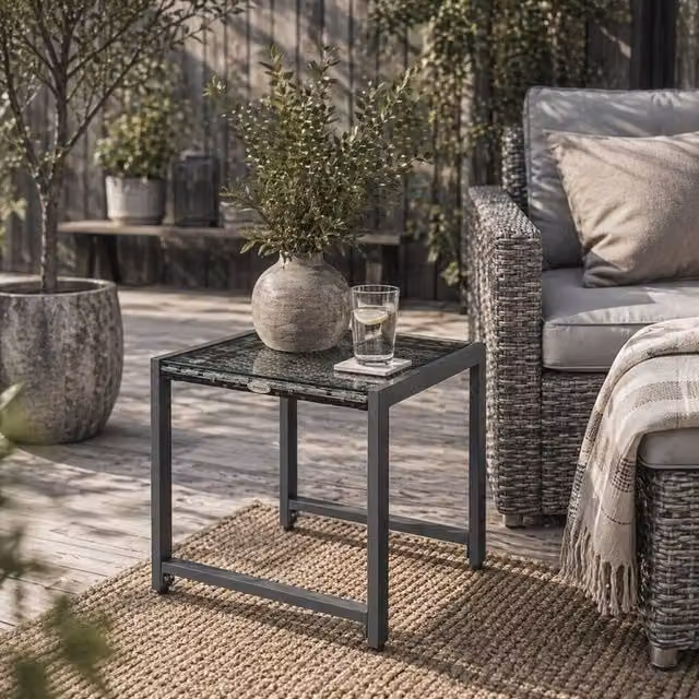 Wyld Haus Visano Grey Rattan Outdoor Side Table with Tempered Glass Top – 1