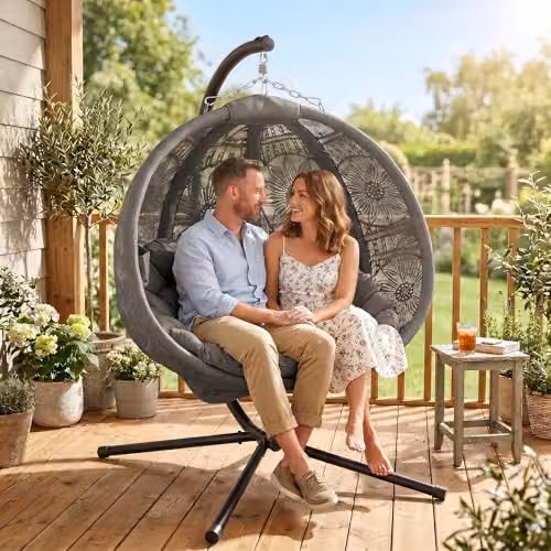 Outsunny Egg Hanging Swing Chair with Metal Stand and Side Pocket in Grey – 8