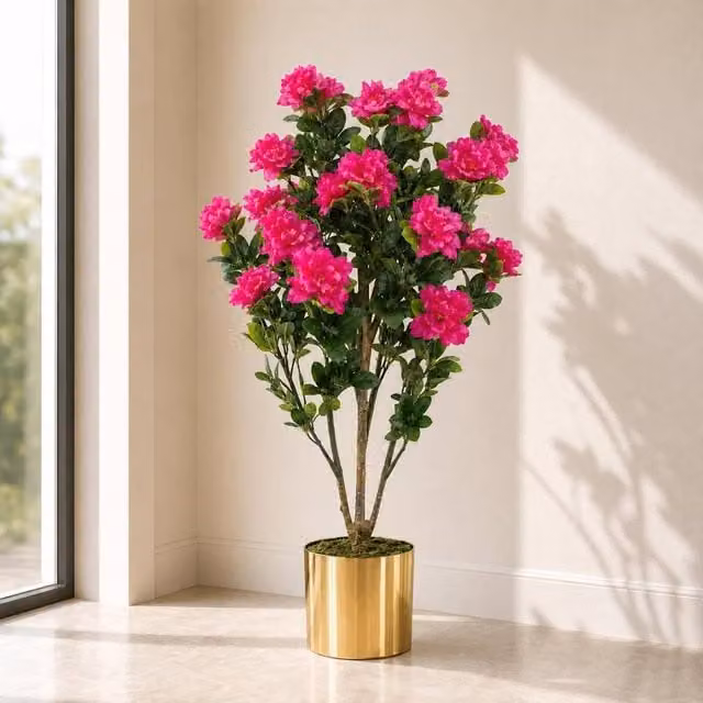 Leaf Design UK Artificial Pink Azalea Potted Plant with Gold Planter, Height: 100 cm
