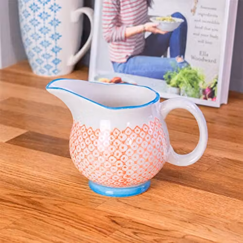 Nicola Spring Hand-Printed Floral Ceramic Milk Jugs, Orange, 300ml, Pack of 6 – 2