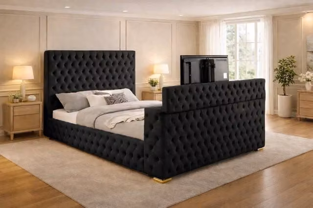 Paradise Beds Ltd Mariana Chesterfield Upholstered TV Bed Frame with Gas Lift Storage in Black Velvet, Size: 200 x 200 cm