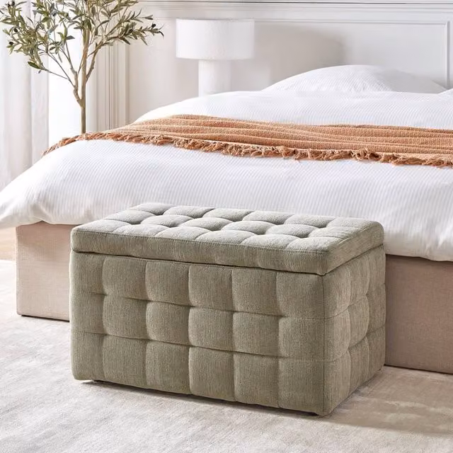 Wyld and Coco Olive Green Tufted Fabric Ottoman Storage Bench