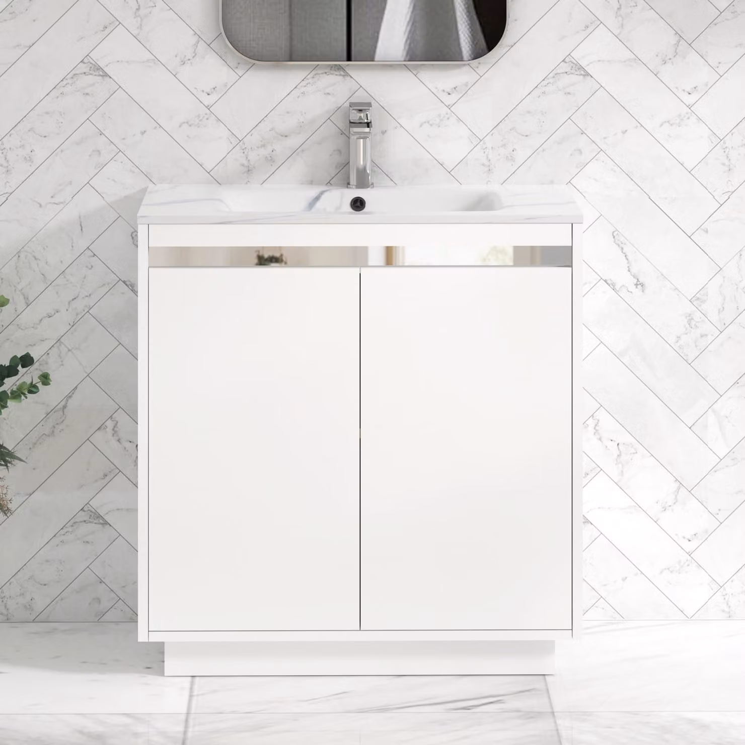 Royal Bathrooms Orion 800mm Floor Standing 2 Door Vanity Unit in Matt White with Carrara White Basin and Chrome Accent Trim