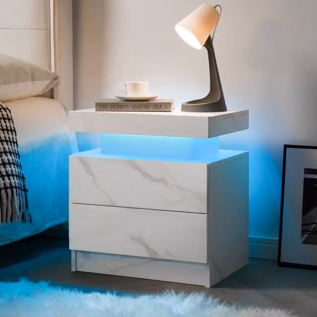 Direct Wicker Modern White Rattan Bedside Cabinet with Integrated LED Lighting and Stone Pattern Decoration – 1