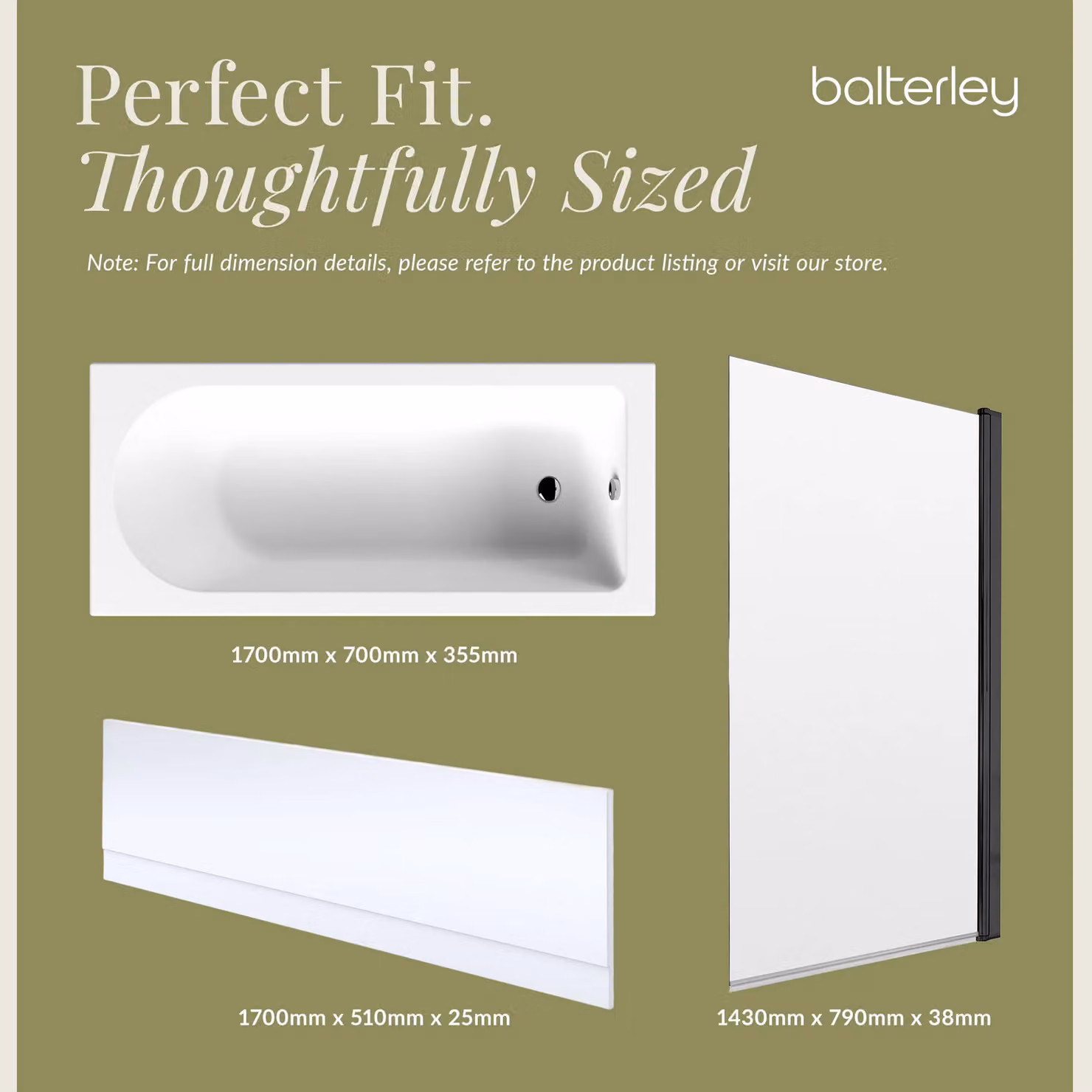 Balterley Round Shower Bath Set with Apron and Square Screen in Black and White, W/D/H: 170 x 70 x 35.5 cm – 2