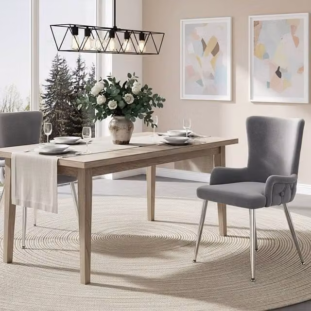 BTM Set of 2 Grey Velvet Dining Chairs with Metal Legs