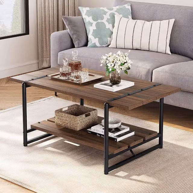 London Boutique 2-Tier Rectangular Coffee Table and Sofa Side Table with Shelf in Walnut Brown
