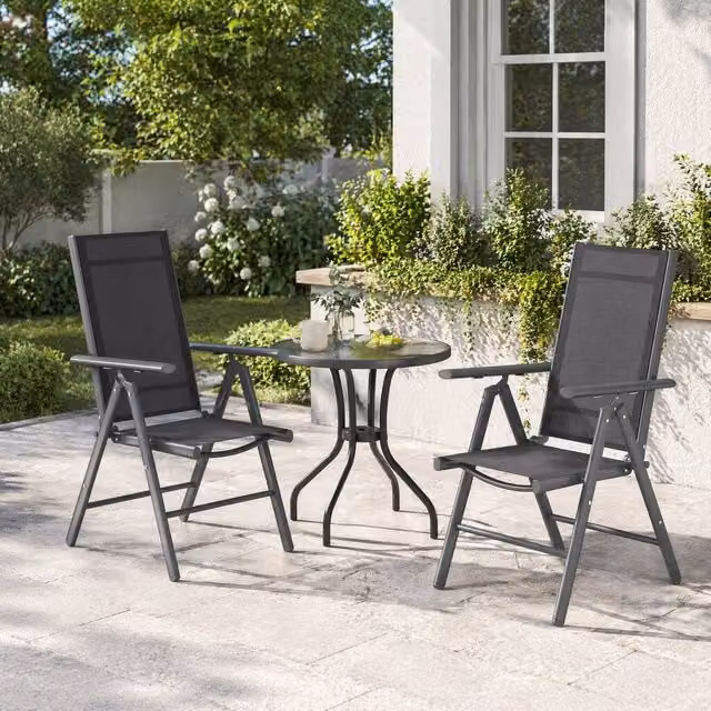 STILVORA Set of 2 Grey Metal and Aluminium Folding Garden Chairs with Armrests