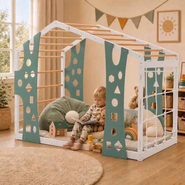 WestWood Kids White Wooden Climbing House Floor Bed with Rope Net for Children