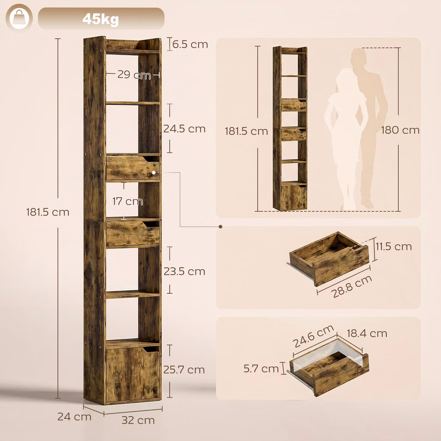 HOMCOM Tall Narrow 5-Tier Bookcase with Drawers and Storage Cabinet in Rustic Brown – 3