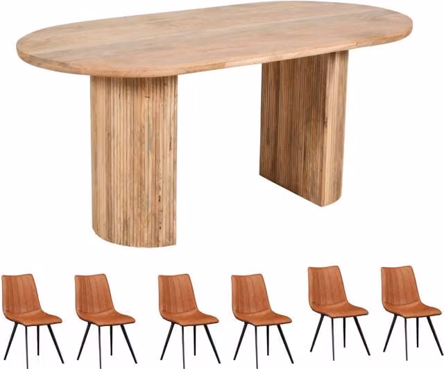 IH Design York Mango Wood Oval Dining Table and 6 Chairs Set in Brown