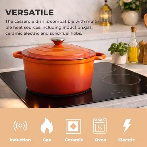 Toque Enamelled Cast Iron Dutch Oven Casserole Dish with Lid, Orange, 24cm – 7