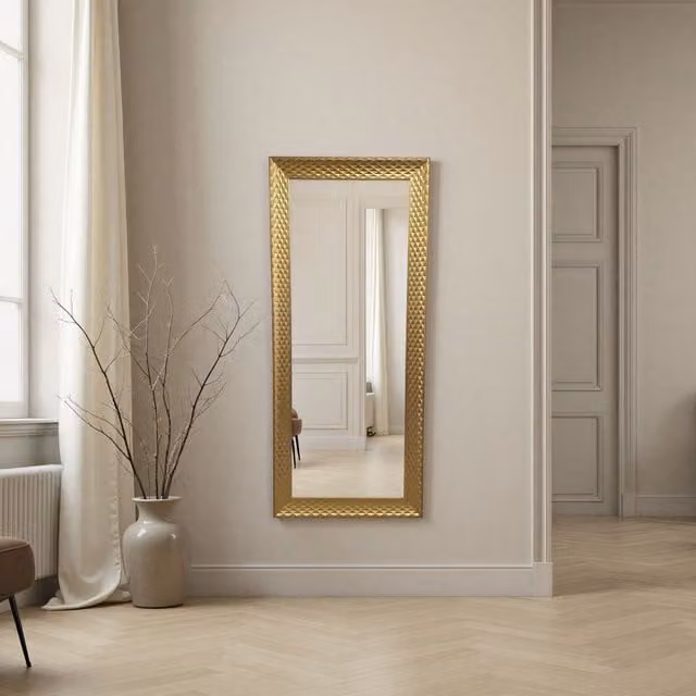 Yearn Diamont Tall Framed Bevelled Rectangular Wall Mirror in Gold