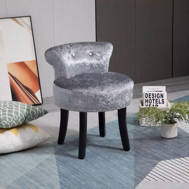 EONLION Grey Velvet Dressing Table Stool with Wood Legs