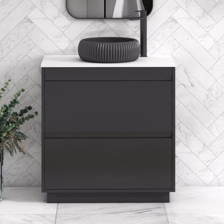 Royal Bathrooms Orion 800mm Matt Obsidian Black and Plain White Floor Standing Vanity Unit with Milan Black Basin and Black Accent Trim