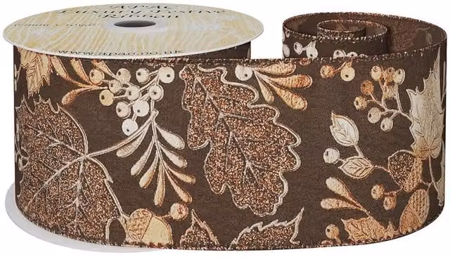 Kingsbury Gifts Autumn Themed Metallic Copper and Brown Floral Wired Ribbon, Width: 6.3 cm, Length: 9.14 m