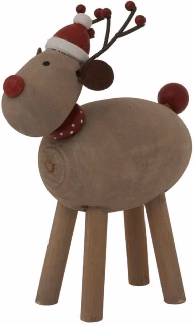 KDMK Rustic Rudolf Reindeer Tabletop Ornament in Red and Brown Wood