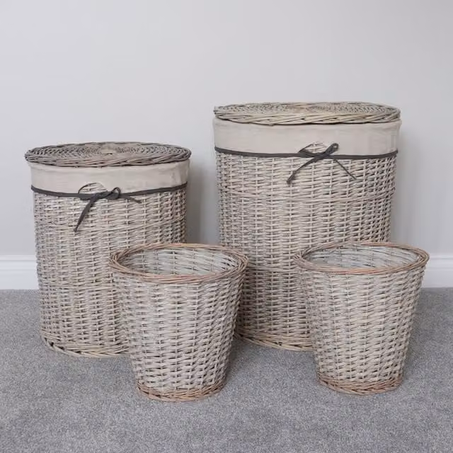 JVL Set of 4 Arianna Round Grey Willow Baskets with Open Weave Design