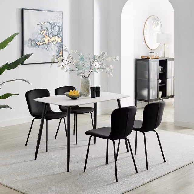 FurnitureboxUK Asti White Marble Ceramic Top Dining Table and 4 Black Velvet Chairs
