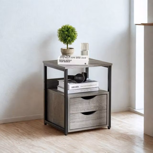 Pirlo Plush Industrial Bedside Table with 2 Drawers and Shelf, Grey and Black