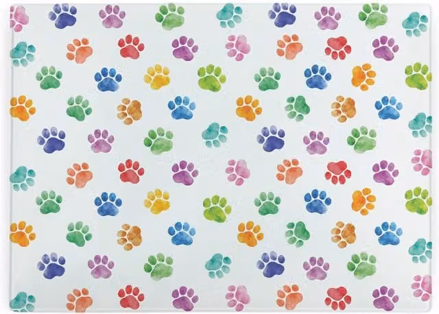 Purely Home Rainbow Paw Prints Large Rectangular Smooth Glass Kitchen Worktop Protector and Chopping Board in Green and Multicolour