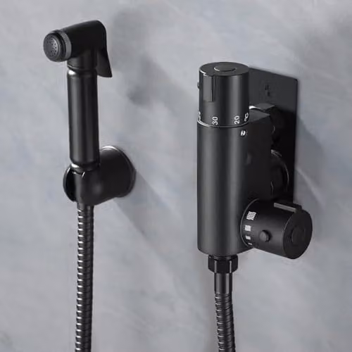 Nes Home Matte Black Bidet Douche Spray Kit with Thermostatic Bar Valve and Plate Bracket – 1