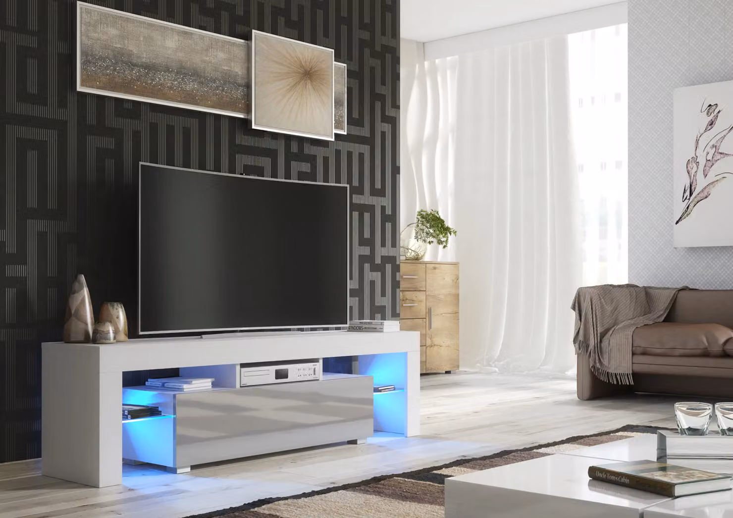Mex Furniture LTD Modern Glossy TV Unit with LED Lighting in Light Grey, W: 160 cm, D: 35 cm, H: 45 cm – 3