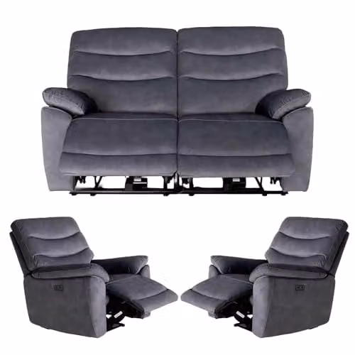 Furnishings For Less UK Tilly 3 Piece Electric Power Recliner Sofa Suite in Charcoal Fabric with USB Charging Ports – 1