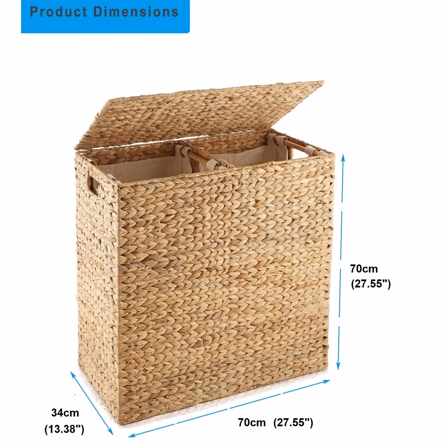 Gr8 Home Extra Large Water Hyacinth Double Laundry Hamper Bin with Lid and Removable Bag in Natural Brown and Beige – 2