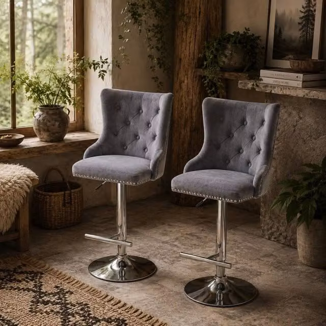 Wyld Haus Recoco Grey Velvet Tufted Adjustable Swivel Bar Stools, Set of 2
