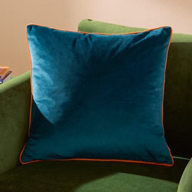 Furn Meridian Velvet Square Cushion in Blue and Orange, W/D/H: 45 x 45 x 45 cm