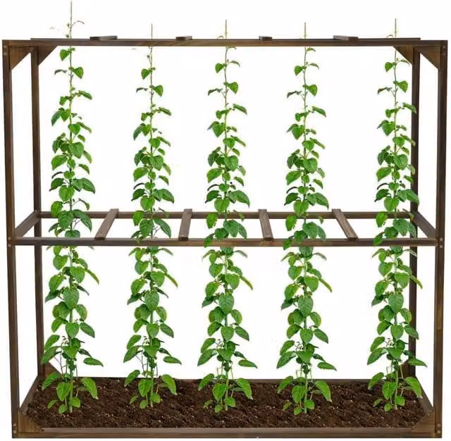 KORVIXA 5-Slot Brown Wooden Garden Trellis Tomato and Vegetable Support Cages – 1