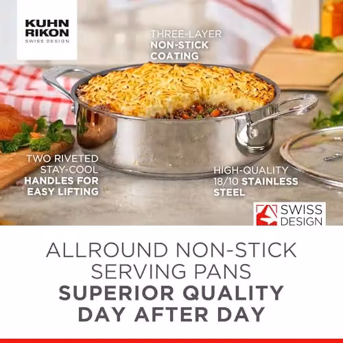 Kuhn Rikon Allround Stainless Steel Non-Stick Serving Pan, Silver, 28cm, 5L – 6