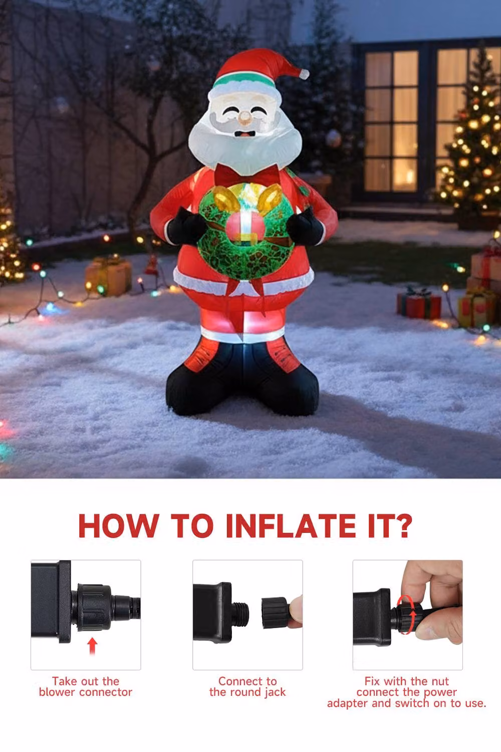 Garden Sanctuary Multicolour Inflatable Santa with Wreath and LED Lights, Height: 2.4 m – 4