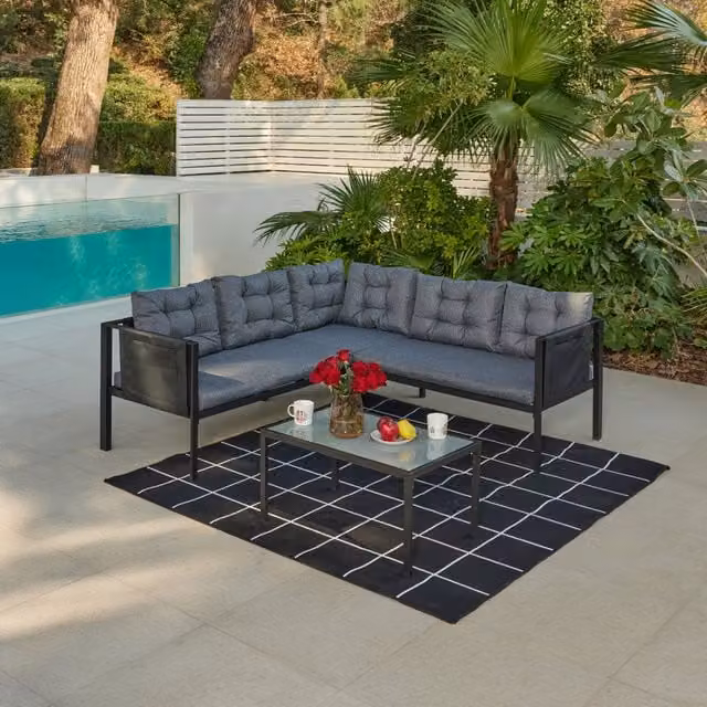 GRS Tara Black L-Shape Garden Sofa Set with Optional Fire Pit Table in Grey and Black, W/D/H: 191.5 x 191.5 x 66 cm