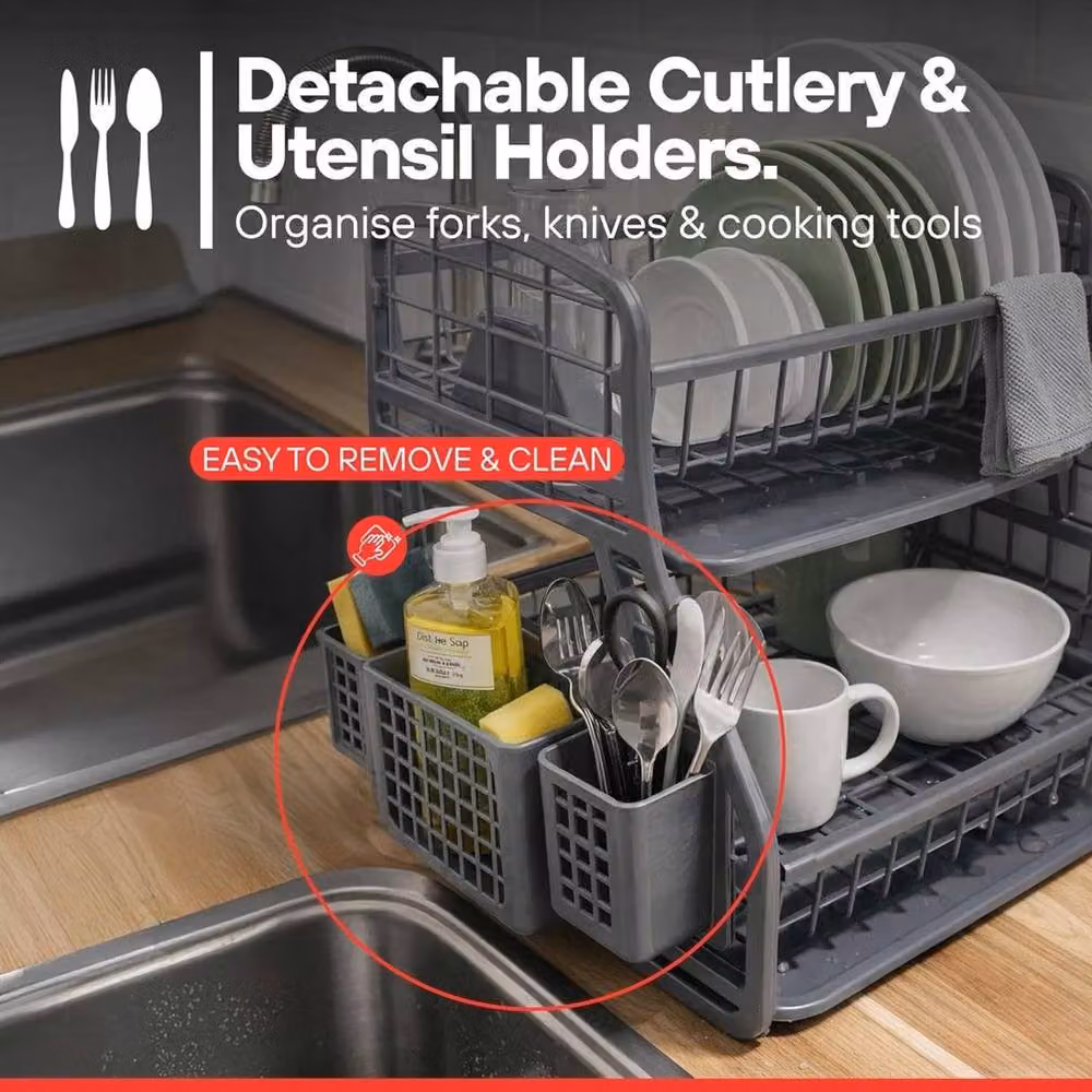 KORVIXA 2 Tier Dish Drainer Rack Kitchen Organiser with Cutlery Holder, Grey, W/D/H: 44 x 33 x 30 cm – 3