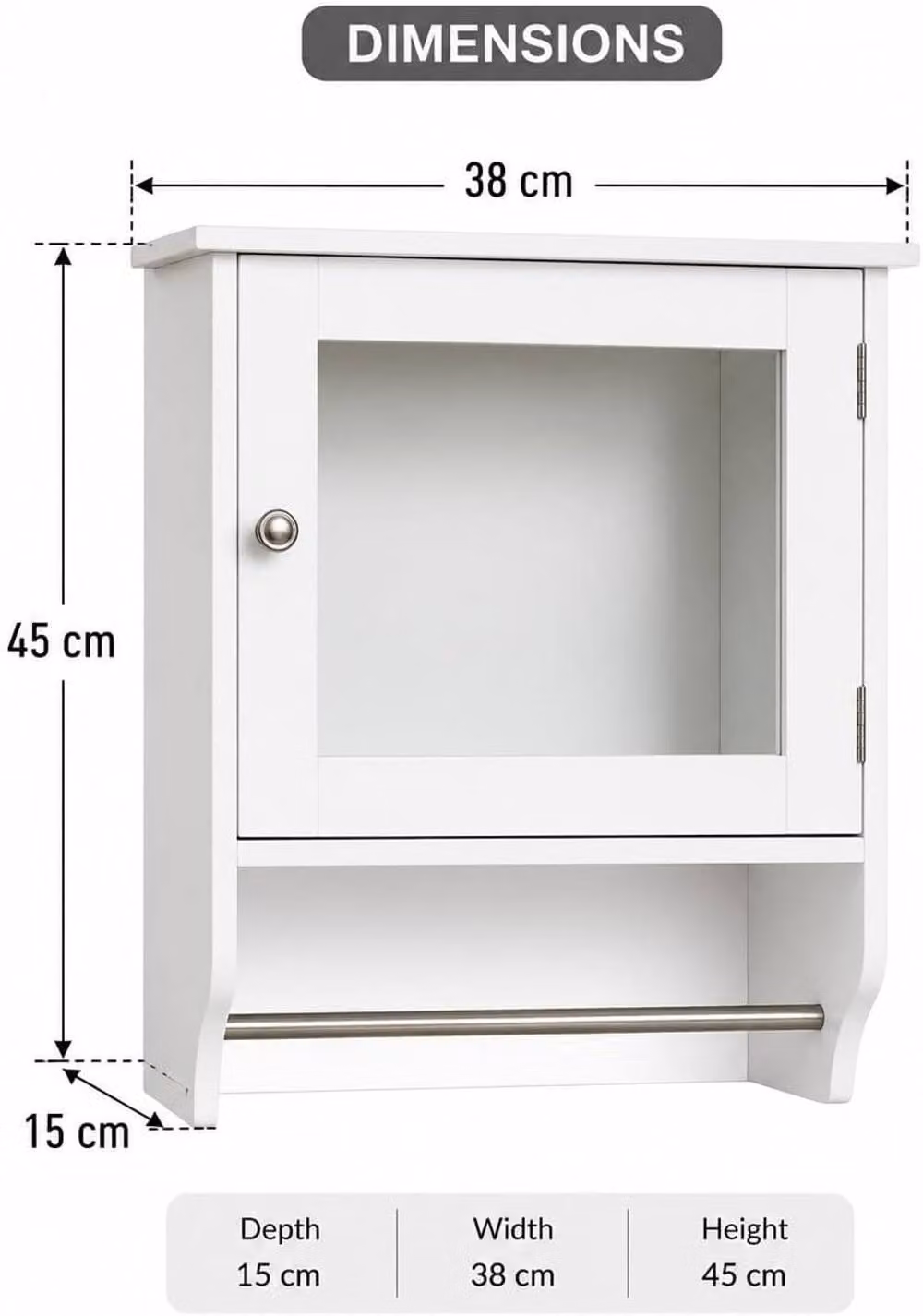 SAXONY White Mirrored Bathroom Wall Cabinet with Internal Shelves and Hinged Glass Doors, W/D/H: 45 x 15 x 38 cm – 1