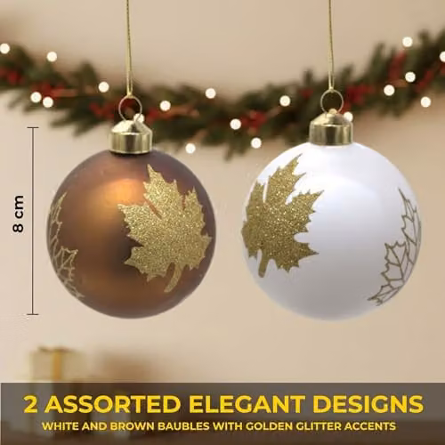 Shatchi 12-Piece Set of Classic Floral Glass Baubles in White, Gold and Brown for Christmas, Weddings or Parties, Diameter: 8 cm – 4