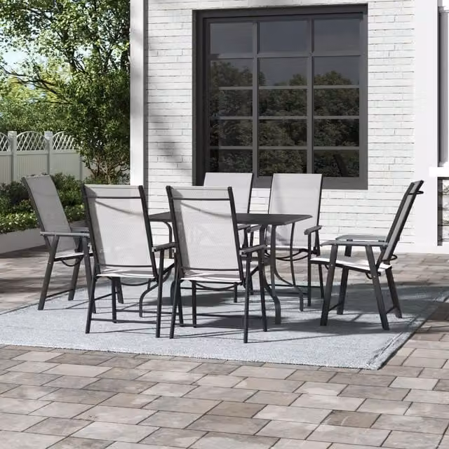 Breeins Modern Black Metal Slatted Coffee Table Set with Parasol Hole and 6 Chairs