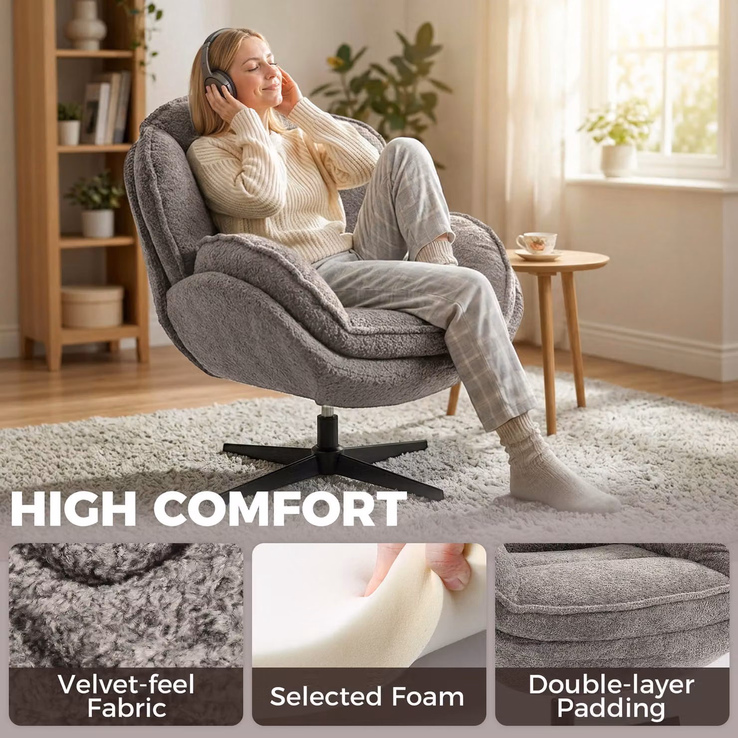 HOMCOM Modern Grey Velvet Swivel Accent Chair with Shell Design and Armrests – 4