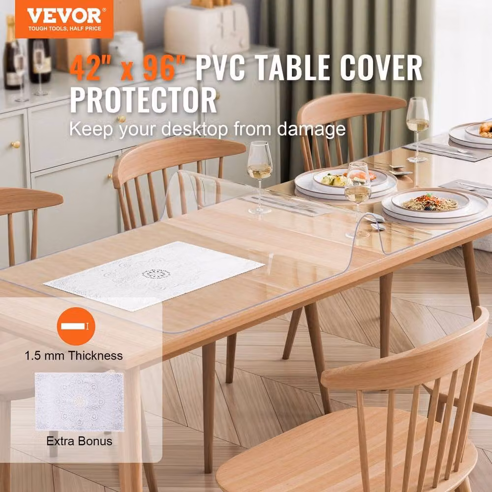 VEVOR Transparent PVC Rectangular Tablecloth, Waterproof and Stain Repellent, W: 106.68 cm, L: 243.84 cm – 2