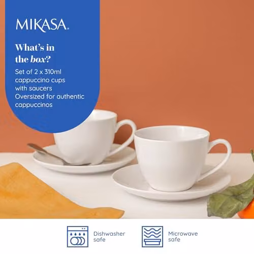 Mikasa Chalk Porcelain Cappuccino Cup and Saucer Set, 2 Pieces, White, 310ml – 2