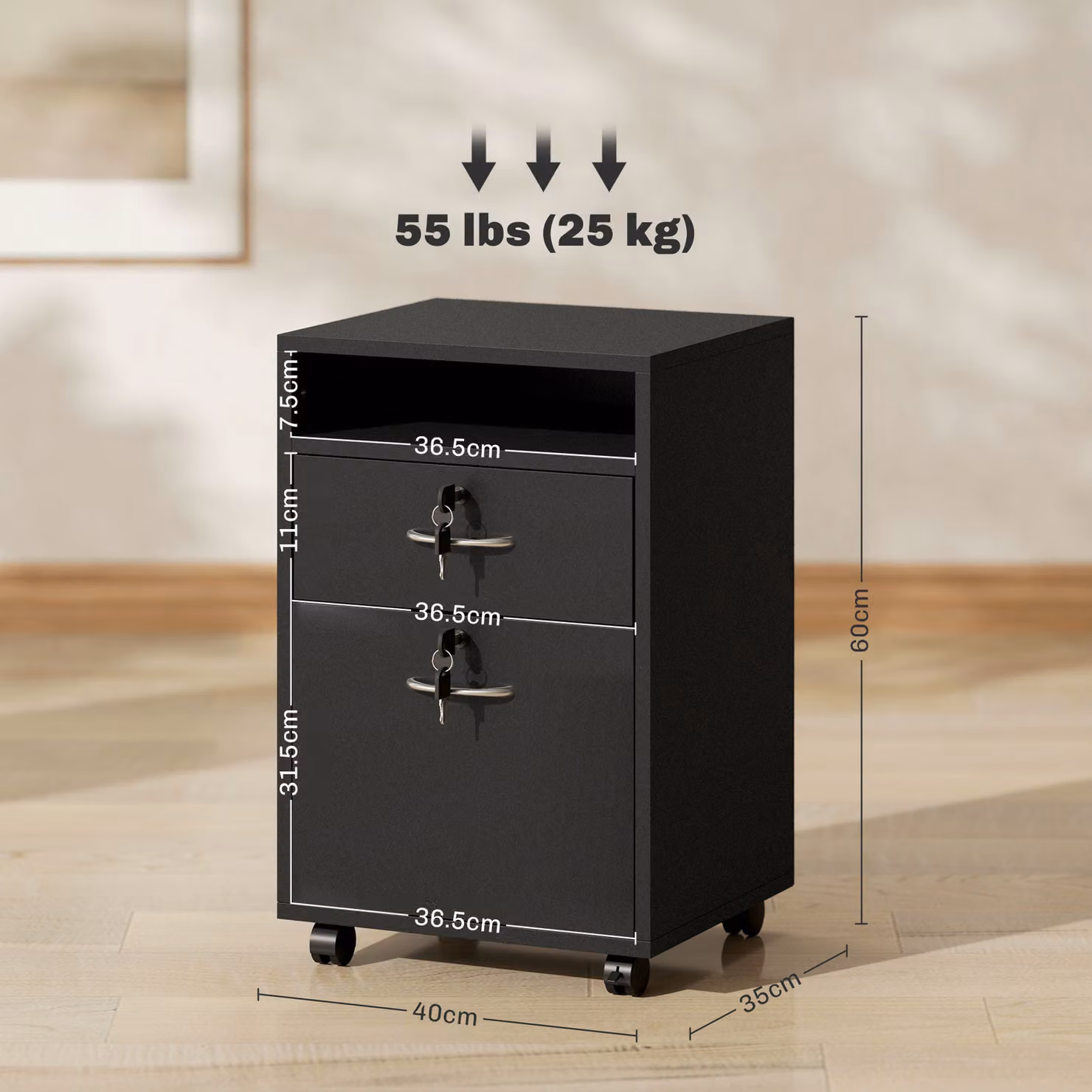 HOMCOM Black Mobile Storage Cabinet with Drawer, Open Shelf and 4 Wheels, 60 cm Wide – 3