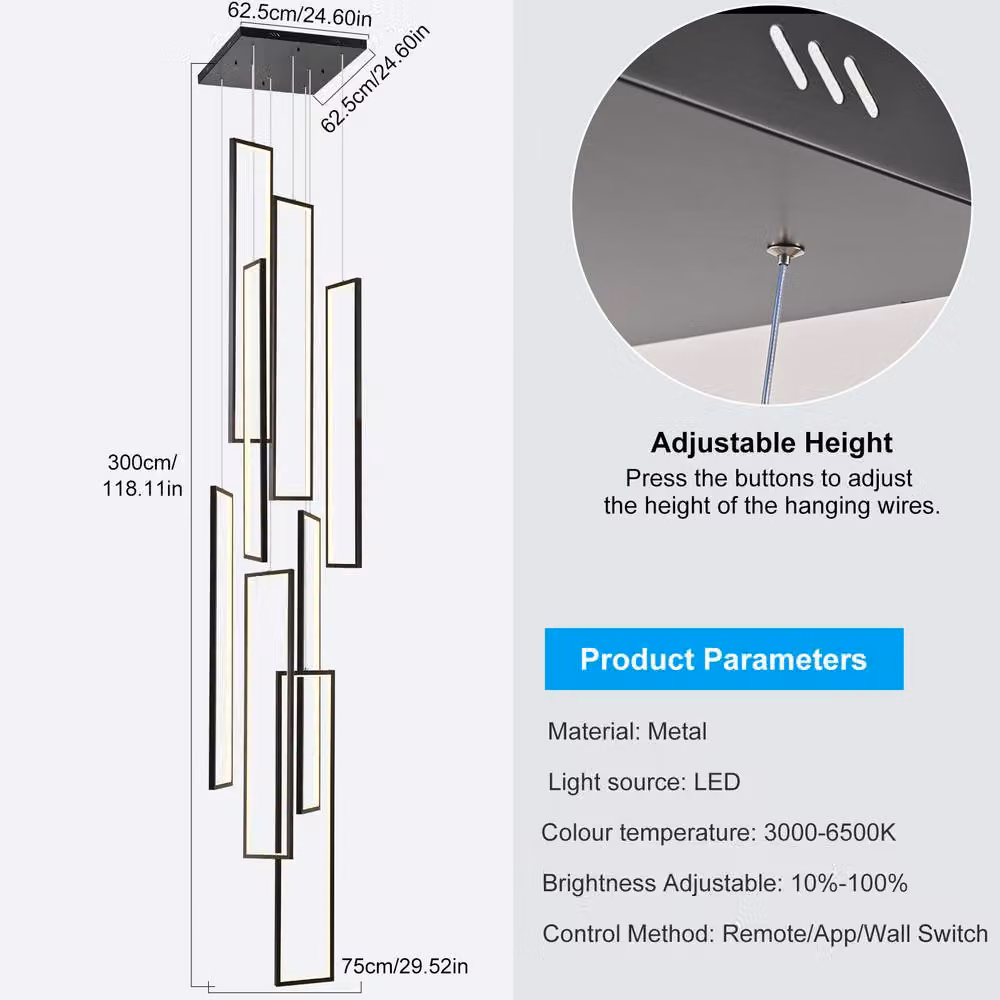 NIVOR Modern Rectangular LED Dimmable Pendant Chandelier in Black with 8 Lights and Height Adjustable 3m Suspension – 2