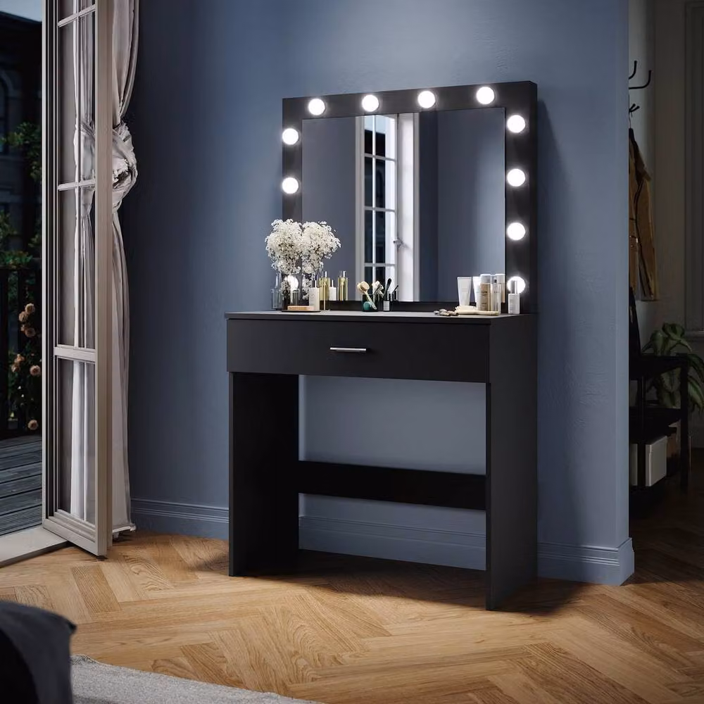 ERGOVEXA Black LED Hollywood Style Dressing Table and Makeup Vanity Set with Mirror and Storage Drawer – 4