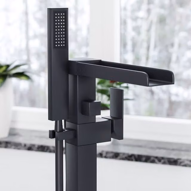 Nes Home Laura Matte Black Freestanding Waterfall Bath and Shower Mixer Tap with Swivel Spout