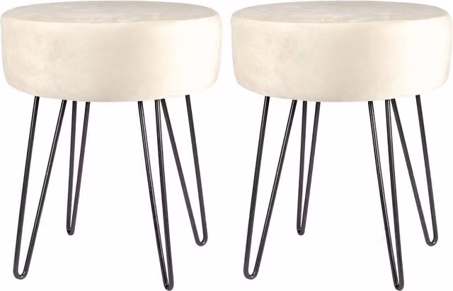Harbour Housewares Set of 2 Round Velvet Footstools in Beige and Yellow with Black Metal Legs