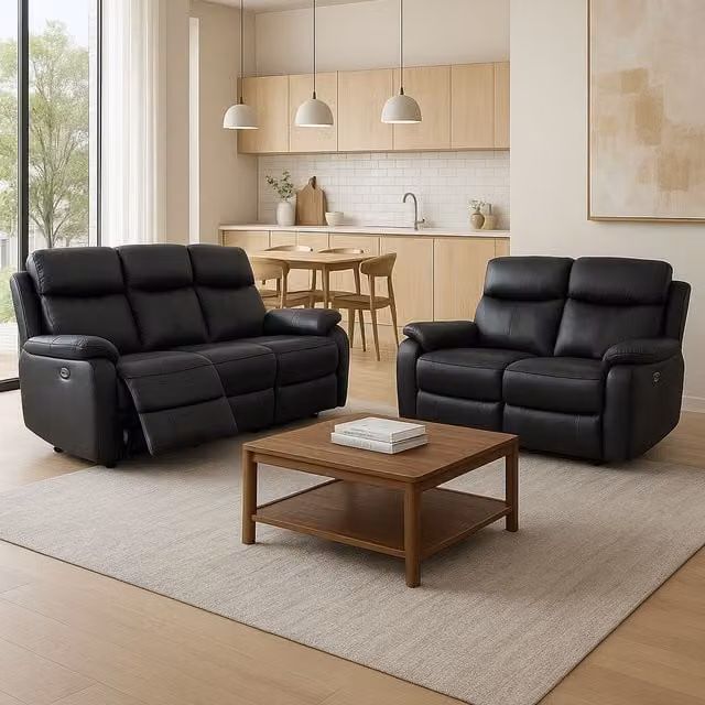 Aspire Kingsmere 3 + 2 Power Recliner Sofa Set in Black Real Leather with USB Charging